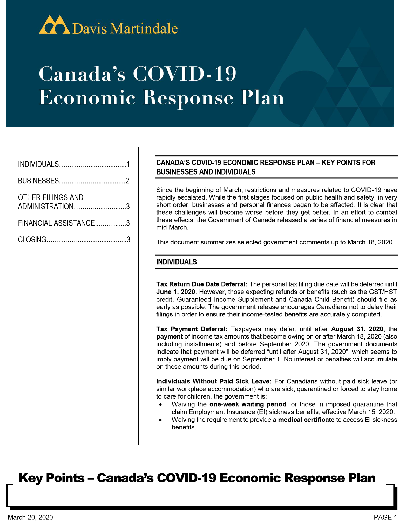 Canada’s COVID-19 Economic Response Plan - Davis Martindale