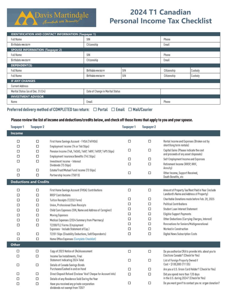 Davis Martindale | Canadian T1 Personal Tax - Checklist 2025